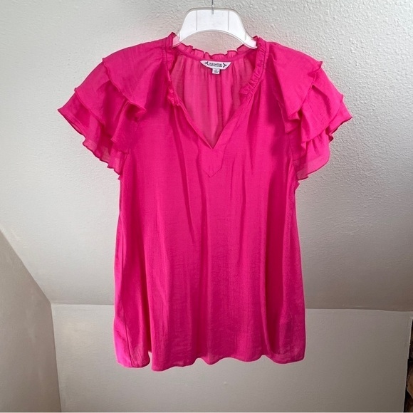 NANETTE by NANETTE LAPORE Melon Pink flutter sleeve V-Neck top w/ruffle neckline - Picture 1 of 7